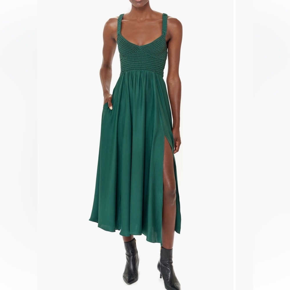 La Ligne Emerald Green Midi Dress with Smocked Bodice